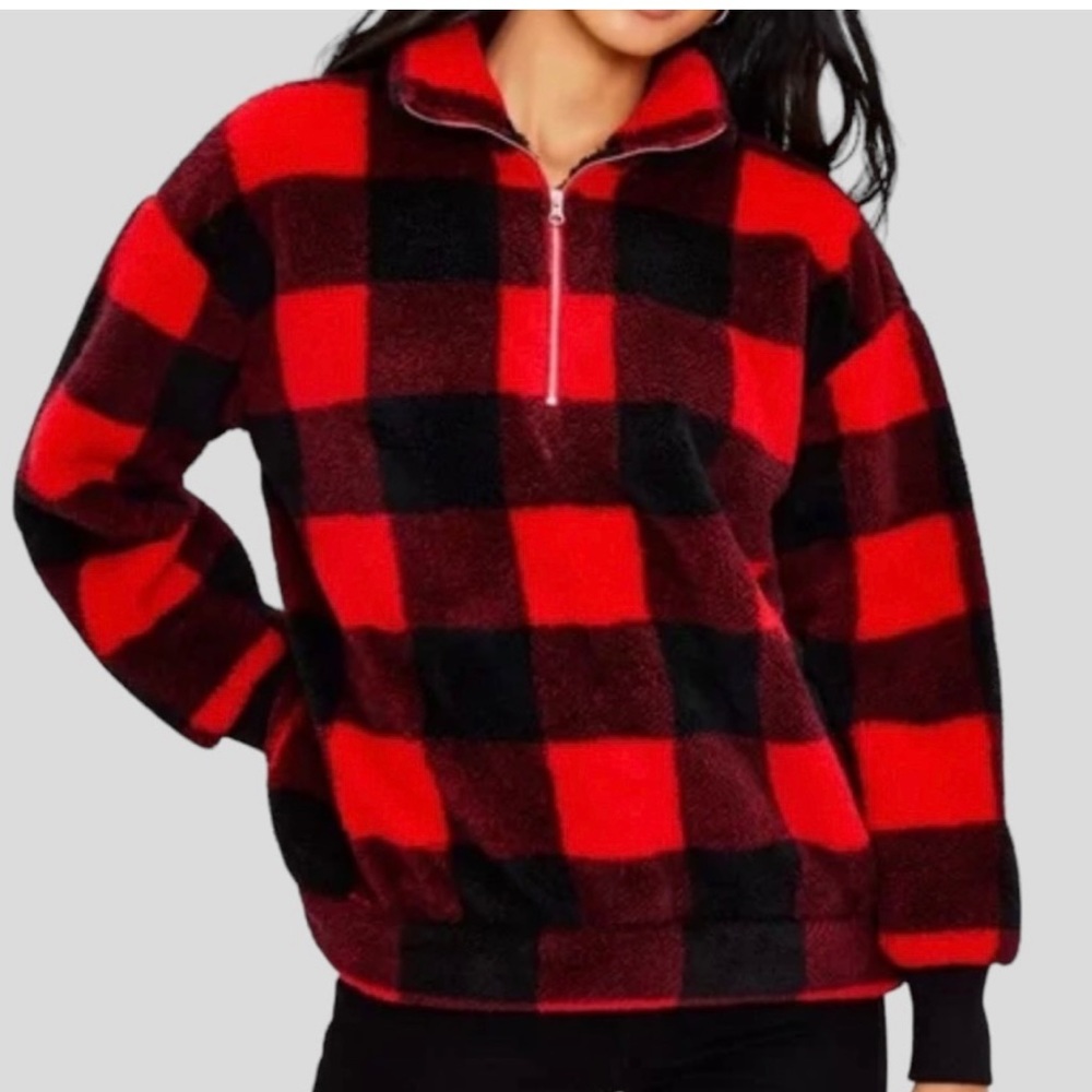 New! Loft Women’s Sherpa Quarter Zip Red and Black Buffalo Plaid Sweatshirt